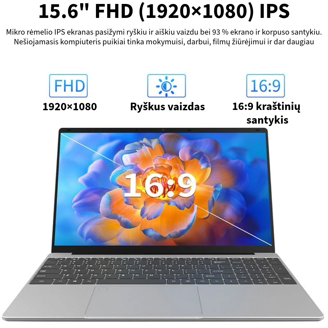 Nešiojamas kompiuteris D15 (Windows 11, 15.6 colių, Full HD, 256 GB atmintis)