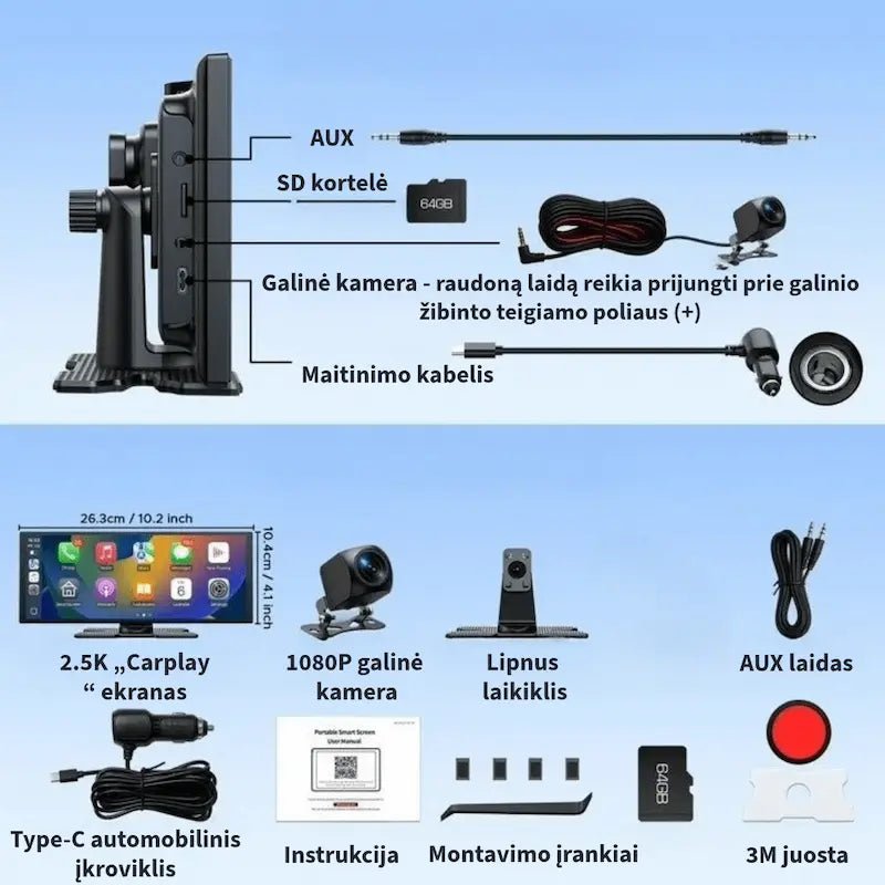 Automobilio multimedijos komplektacija: ekranas, kameros, laidai ir montavimo įrankiai.