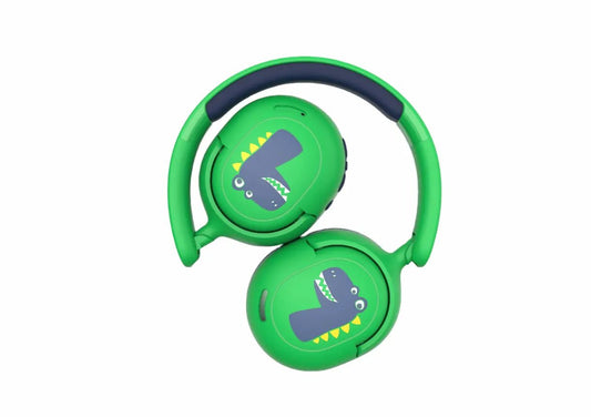 Sulankstytos žalios vaikiškos ausinės su dinozaurų paveikslėliais ant ausų pagalvėlių