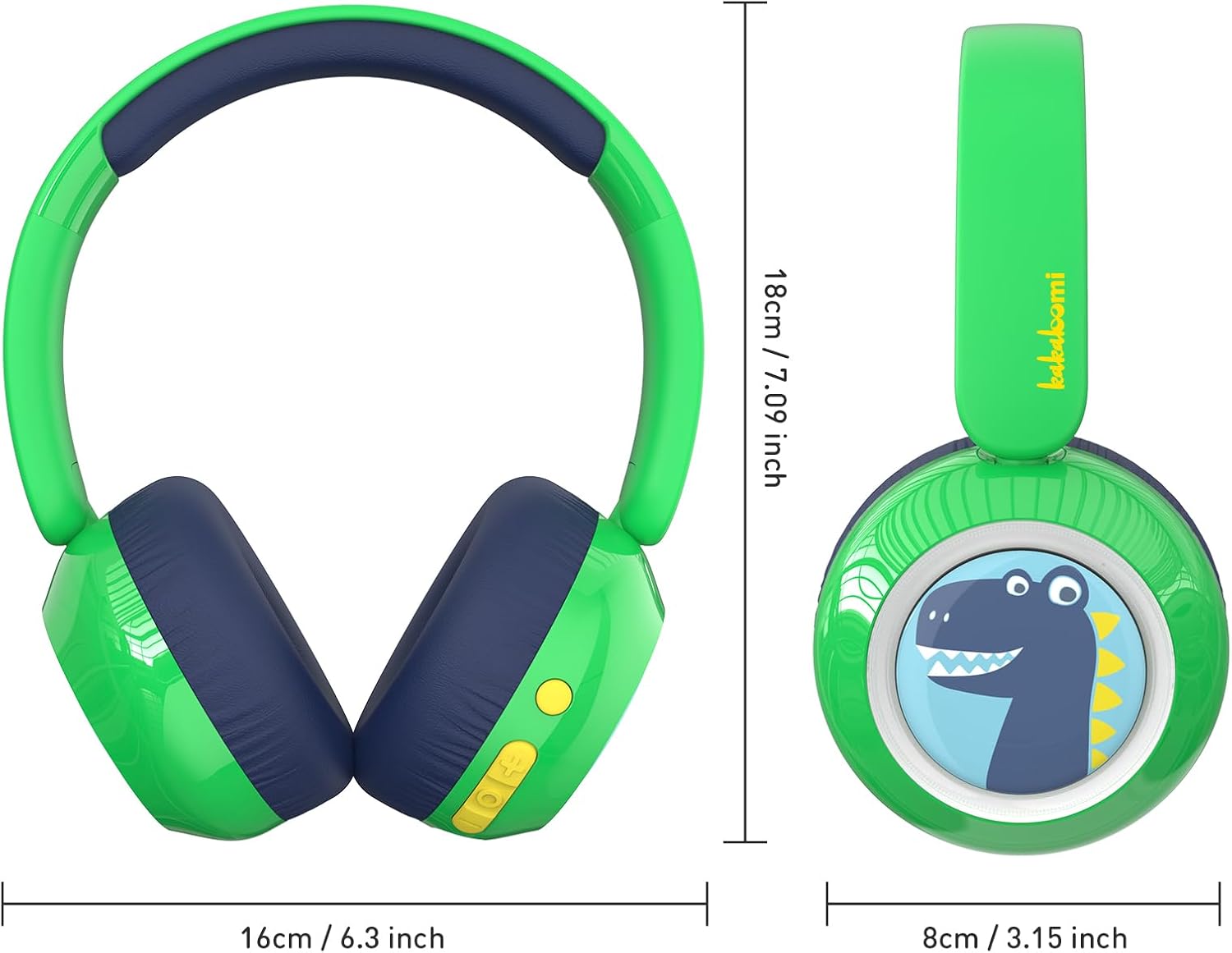 belaidės bluetooth ausinės berniukams, žalios spalvos, su dinozauro animacija, mikrofonas, garso ribojimas, patogios nešioti , gero dydžio