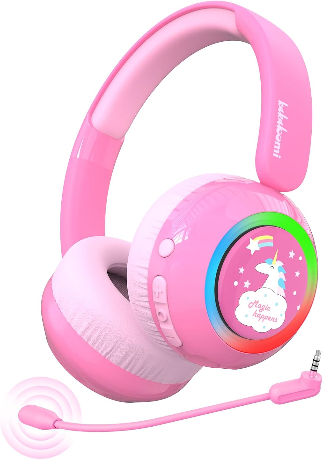 Belaidės vaikiškos bluetooth ausinės mergaitėms su vienaragiu, rožinės spalvos, su mikrofonu, kokybiškos, nekenkia klausai,  su garso ribojimu