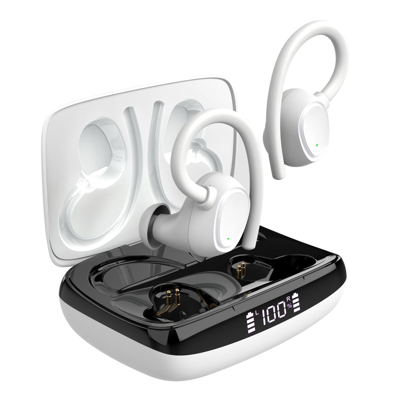 belaidės bluetooth ausinės sportui, bėgimui, treniruotėms. baltos spalvos, patogios nešioti, kokybiškas garsas ilgas grojimo laikas