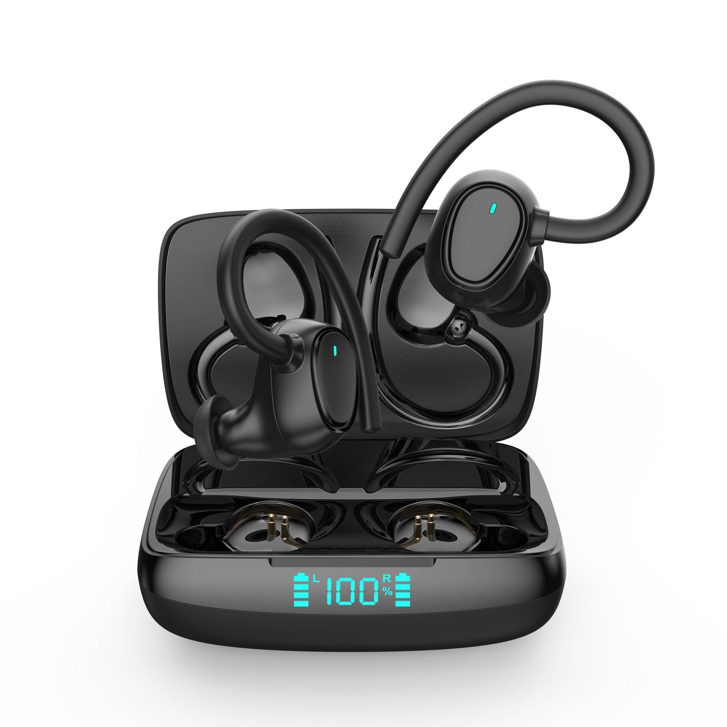 belaidės bluetooth ausinės sportui, bėgimui, treniruotėms. Juodos spalvos, patogios nešioti, kokybiškas garsas ilgas grojimo laikas