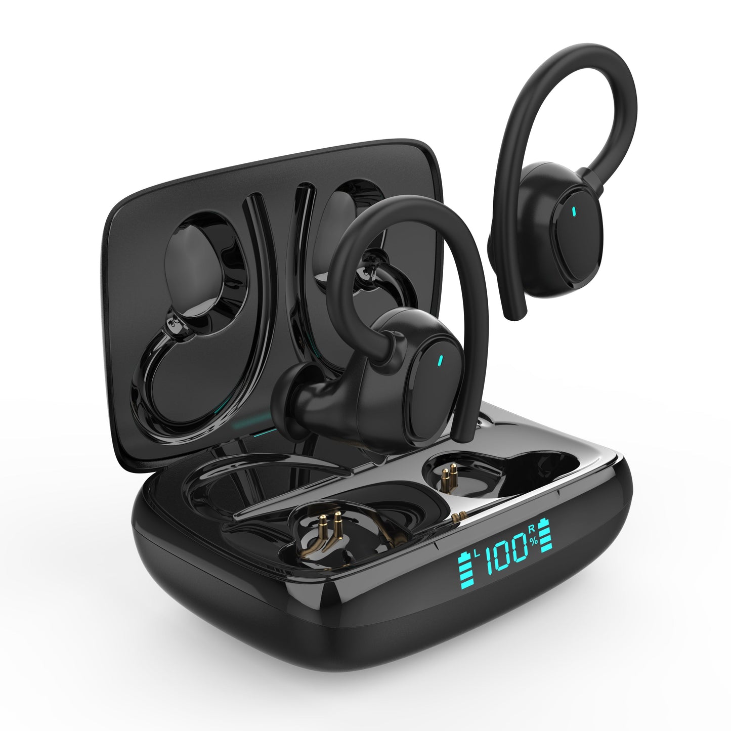 belaidės bluetooth ausinės sportui, bėgimui, treniruotėms. Juodos spalvos, patogios nešioti, kokybiškas garsas ilgas grojimo laikas
