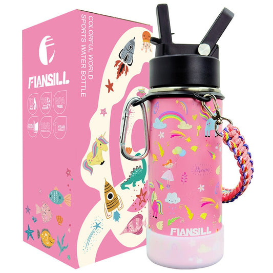 Nerūdijančio plieno termo gertuvė vaikams mergaitėms rožinės spalvos su vienaragių animacija Fiansill 470 ml