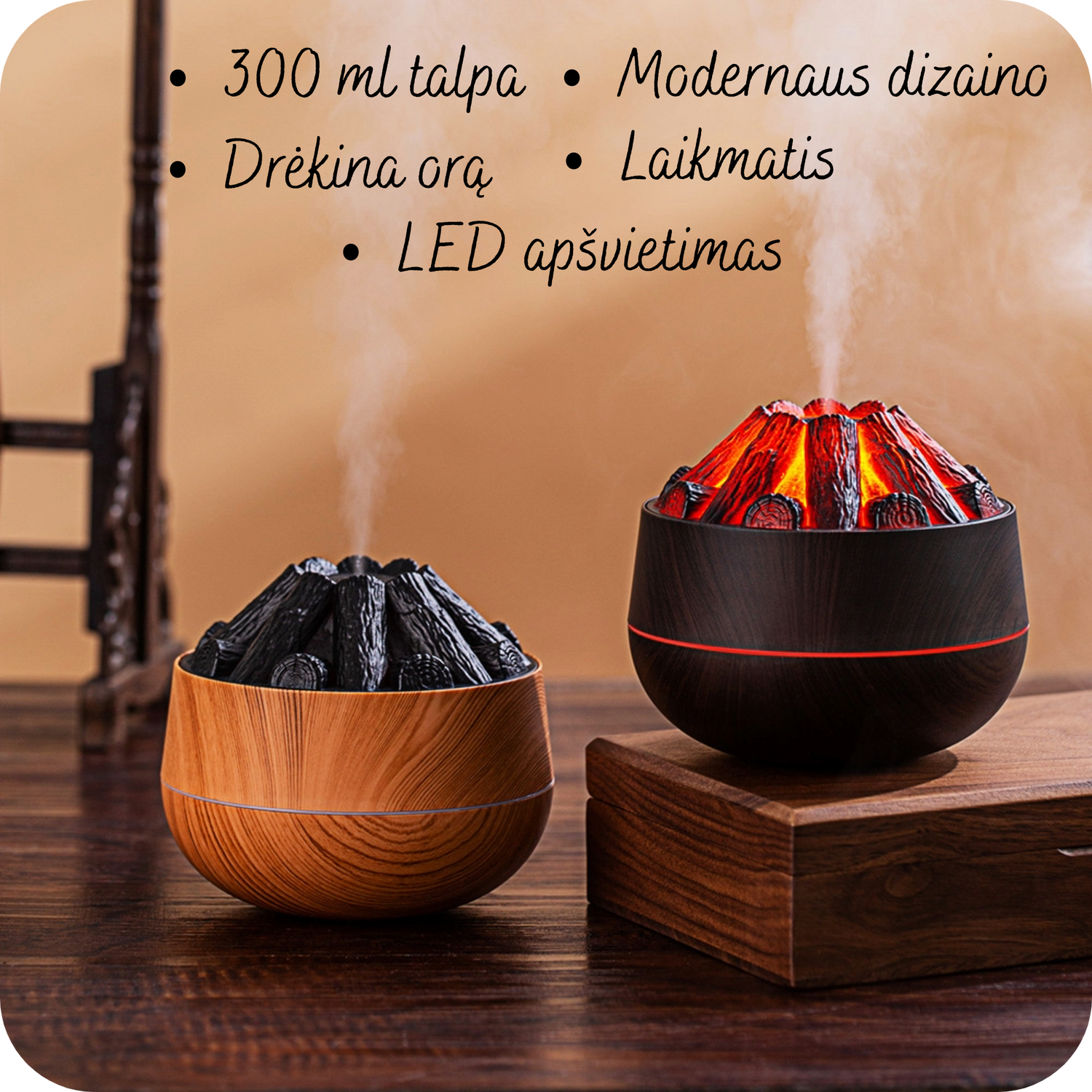 Mini difuzorius vulkano , juodos ir medžio spalvos, oro drėkintuvas, led apšvietimas, drėkina orą , 300 ml tapla, modernaus dizaino