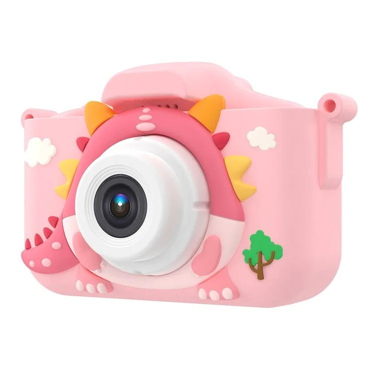 Vaikiškas fotoaparatas su animacinia dinozauro tema, 32 GB, rožinės spalvos, filmavimas ir fotografavimas, apsauginis dėklas, žaidimai, sd kortelių skaitytuvas