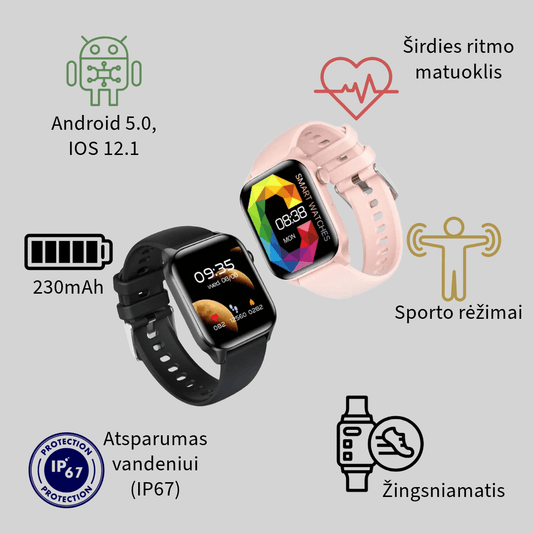 Išmanusis laikrodis suaugusiems, juodos ir rožinės spalvos, su žingsniamačiu, orais, bluetooth, širdies ritmo matuoklis, sporto rėžimai, IP67 atsparumas vandeniui