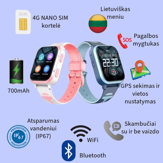 išmanus laikrodis vaikams, su bluetooth , wifi internetu, 4G SIM, Lietuvių kalba, GPS sekimas, vaizdo skambučiai, kamera, atsparumas vandeniui, SOS pagalbos mygtukas,