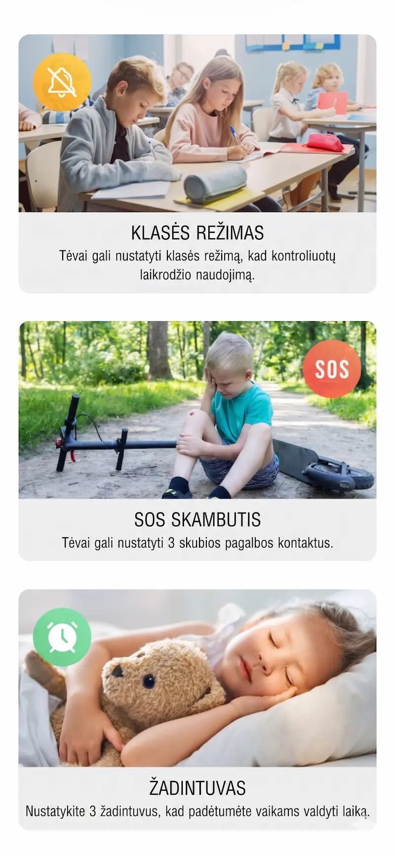 Išmaniojo laikrodžio vaikams funkcijos: klasės režimas mokslams, SOS skambutis pagalbai ir žadintuvas dienos rėžimui planuoti