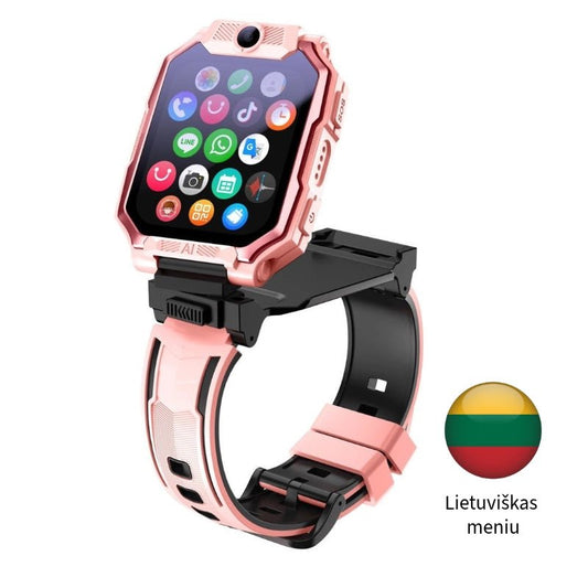 Rožinis atverčiamas vaikiškas išmanusis laikrodis su kamera ir lietuvišku meniu.