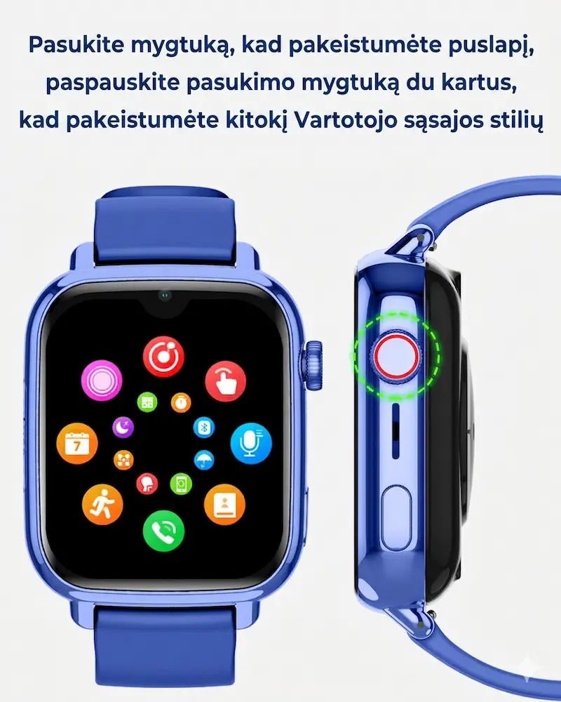 Infografikas su mėlynu vaikišku išmaniuoju laikrodžiu, iliustruojantis integruotą kamerą ir nuotraukų fiksavimo funkciją.
