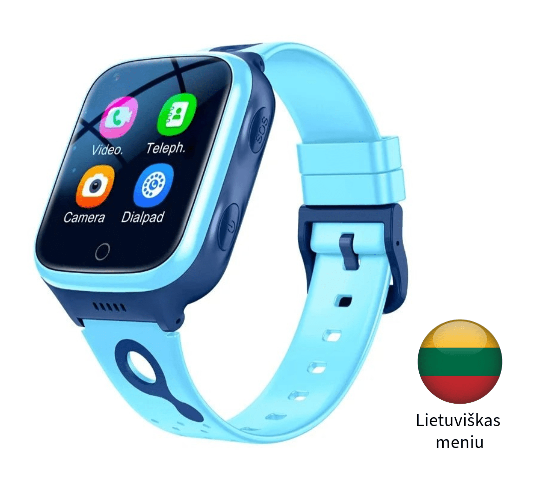 K9 4G vaikų išmanusis laikrodis su GPS, WiFi, SIM kortele ir vaizdo skambučiais. Tikslus sekimas, ilgas baterijos veikimas, IPX7 atsparumas vandeniui!, mėlynos spalvos, lietuviškas meniu