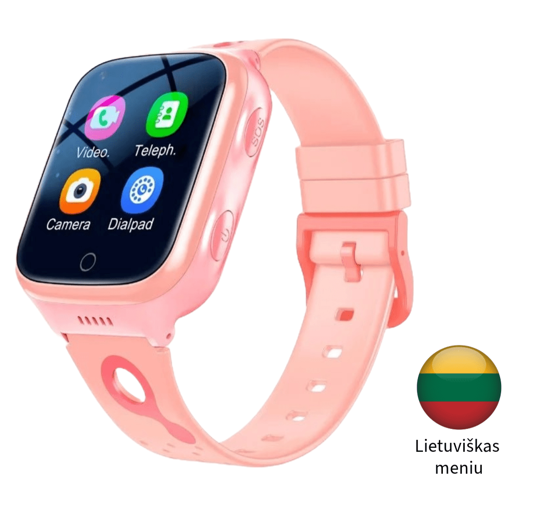 K9 4G vaikų išmanusis laikrodis su GPS, WiFi, SIM kortele ir vaizdo skambučiais. Tikslus sekimas, ilgas baterijos veikimas, IPX7 atsparumas vandeniui rožinės spalvos, lietuviškas meniu