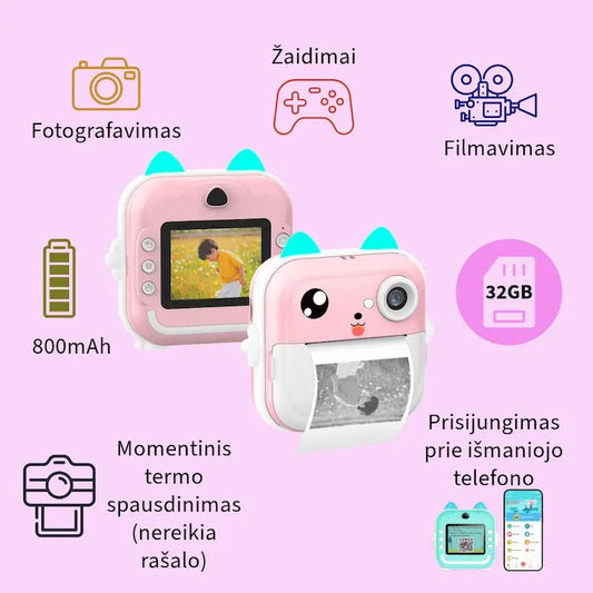 Vaikiškas fotoaparatas su spausdinimo funkcija, spalvotais flomasteriais ir popieriumi.