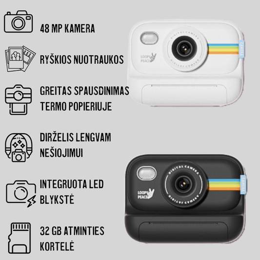 Momentinis fotoaparatas STUDENT (nuotraukų spausdintuvas) su 48 MP kamera +32 GB MicroSD , baltos ir juodos spalvos