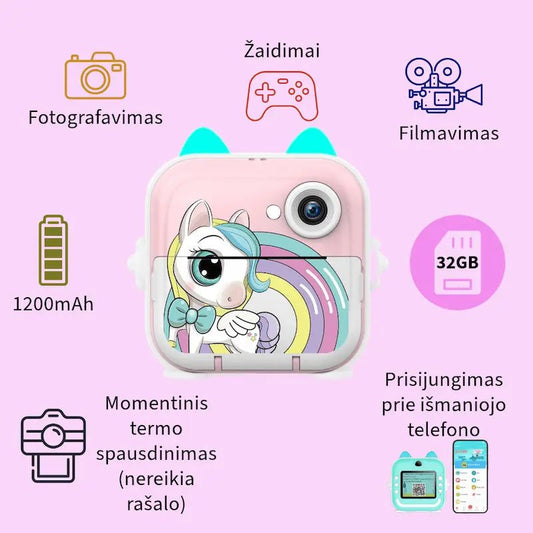 Vienaragio fotoaparato funkcijos: fotografavimas, žaidimai, filmavimas, 1200mAh baterija, momentinis termo spausdinimas (be rašalo), 32GB kortelė, prisijungimas prie išmaniojo telefono