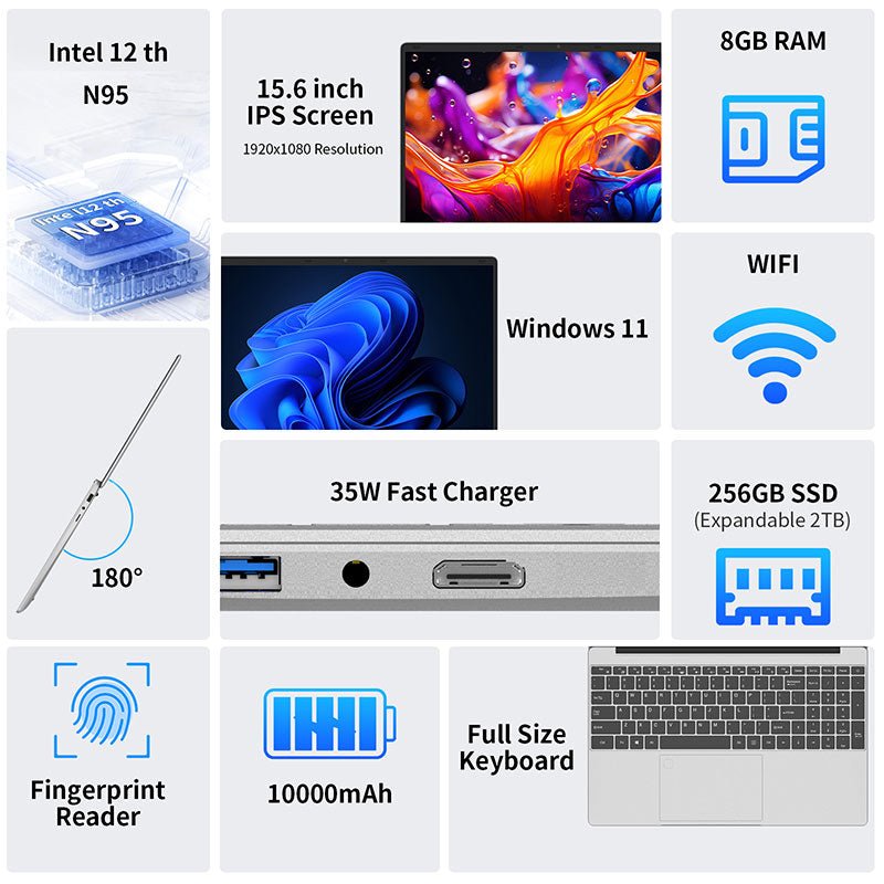 Nešiojamas kompiuteris D15 (Windows 11, 15.6 colių, Full HD, 256 GB atmintis)