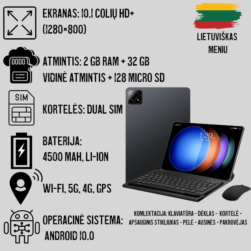 Planšetinis kompiuteris su SIM kortelėmis, dideliu ekranu, klaviatūra, wifi, android 10 sistema, lietuviškas meniu , didelės talpos baterija
