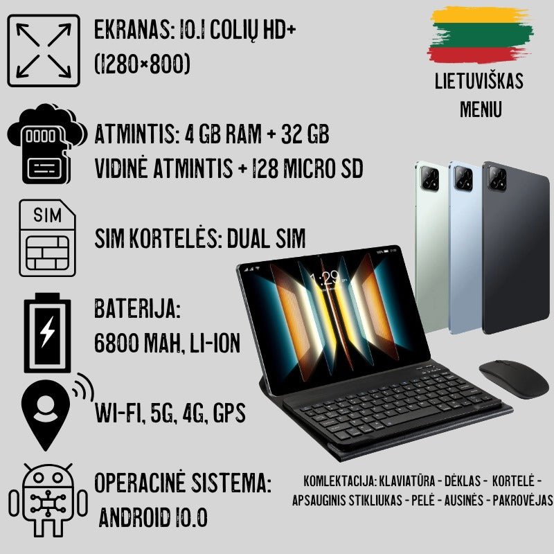 planšetinis kompiuteris juodos spalvos su klaviatūra, 10 colių ekranas, android 14 operacinė sistema, SIM kortelės, wifi, gps, dėklas, lietuviškas meniu