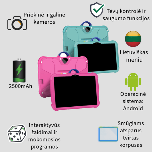 Vaikiška planšetė, rožinės ir mėlynos spalvos, mokomosios programos, fotografavimas, android sistema, didelės talpos baterija, tėvų ir saugumo kontrolė