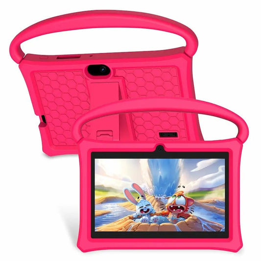 planšetė vaikams, rožinės spalvos, su rankena nešiojimui, apsauginis silikoninis dėklas, 7 colių