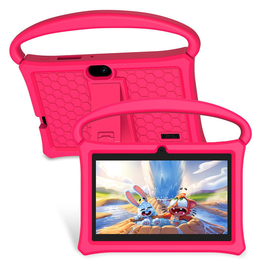 planšetė vaikams, rožinės spalvos, su rankena nešiojimui, apsauginis silikoninis dėklas, 7 colių