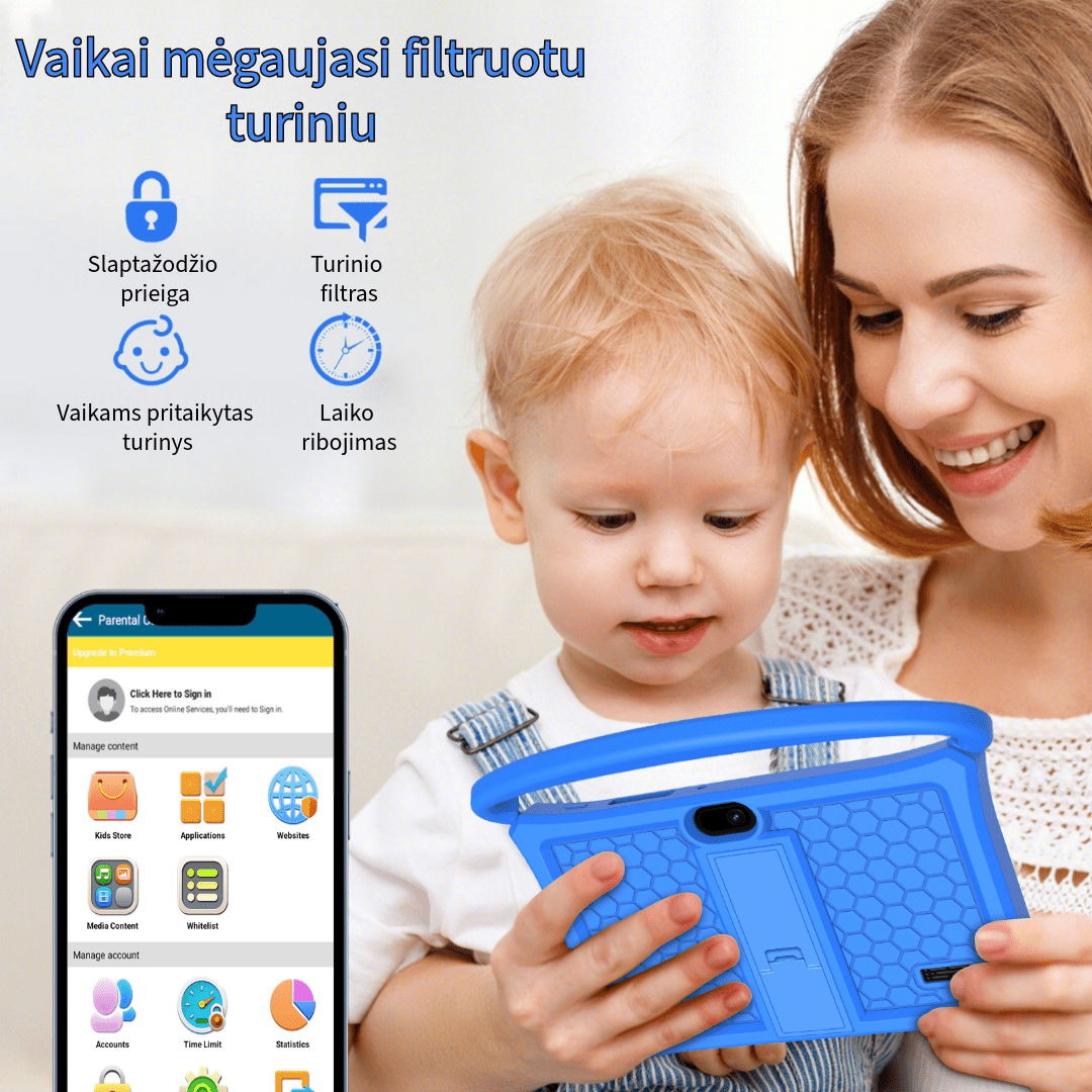 planšetė su vaikams pritaikytu turiniu, laiko ribojimas, tėvų kontrolė