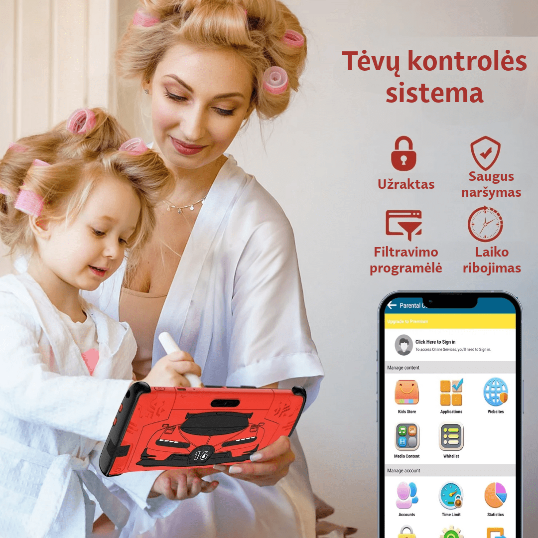 Vaikiškas planšetinis kompiuteris K7 PRO SPORT CAR su lietuvių kalba, Android 15.0, 7 colių ekranu, 32 GB atmintimi, komplekte 2 valdymo pultai, tėvų kontrolė
