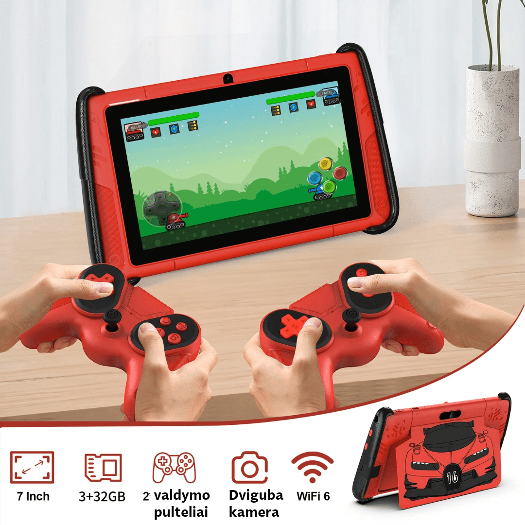 Vaikiškas planšetinis kompiuteris K7 PRO SPORT CAR su lietuvių kalba, Android 15.0, 7 colių ekranu, 32 GB atmintimi, komplekte 2 valdymo pultai