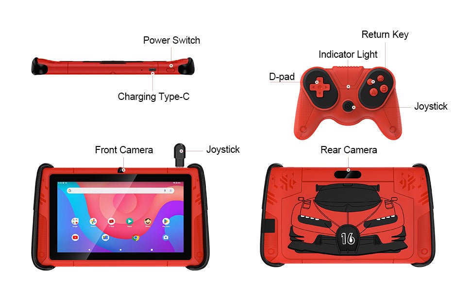 Vaikiškas planšetinis kompiuteris K7 PRO SPORT CAR su lietuvių kalba, Android 15.0, 7 colių ekranu, 32 GB atmintimi, komplekte 2 valdymo pultai