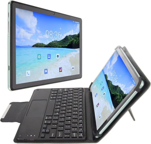 planšetinis kompiuteris su lietuvių kalba, juodos spalvos, su priedais, triguba kamera, 10 colių ekranas, klaviatūra su dėklu