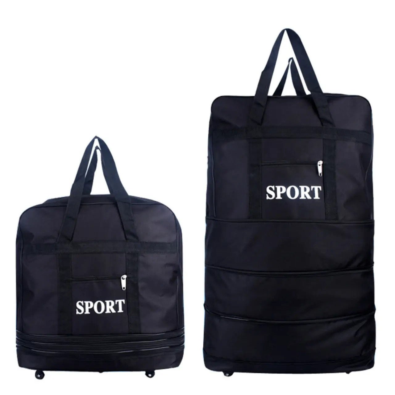 sulankstomas išplečiamas lagaminas juodos spalvos su kišene ir ratukais taupantis vietą