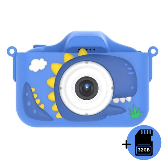 Vaikiškas skaitmeninis fotoaparatas - DINOZAURAS +32 GB MicroSD - Mėlynos spalvos, fotografavimas ir vaizdo įrašai