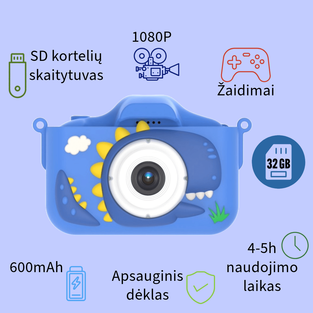 Vaikiškas skaitmeninis fotoaparatas - DINOZAURAS +32 GB MicroSD - Mėlynos spalvos, fotografavimas ir vaizdo įrašai , apsauginis dėklas, sd kortelių skaitytuvas, žaidimai