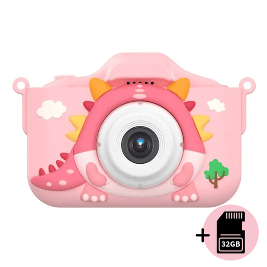 Vaikiškas fotoaparatas - DINOZAURAS +32 GB MicroSD - Rožinės spalvos
