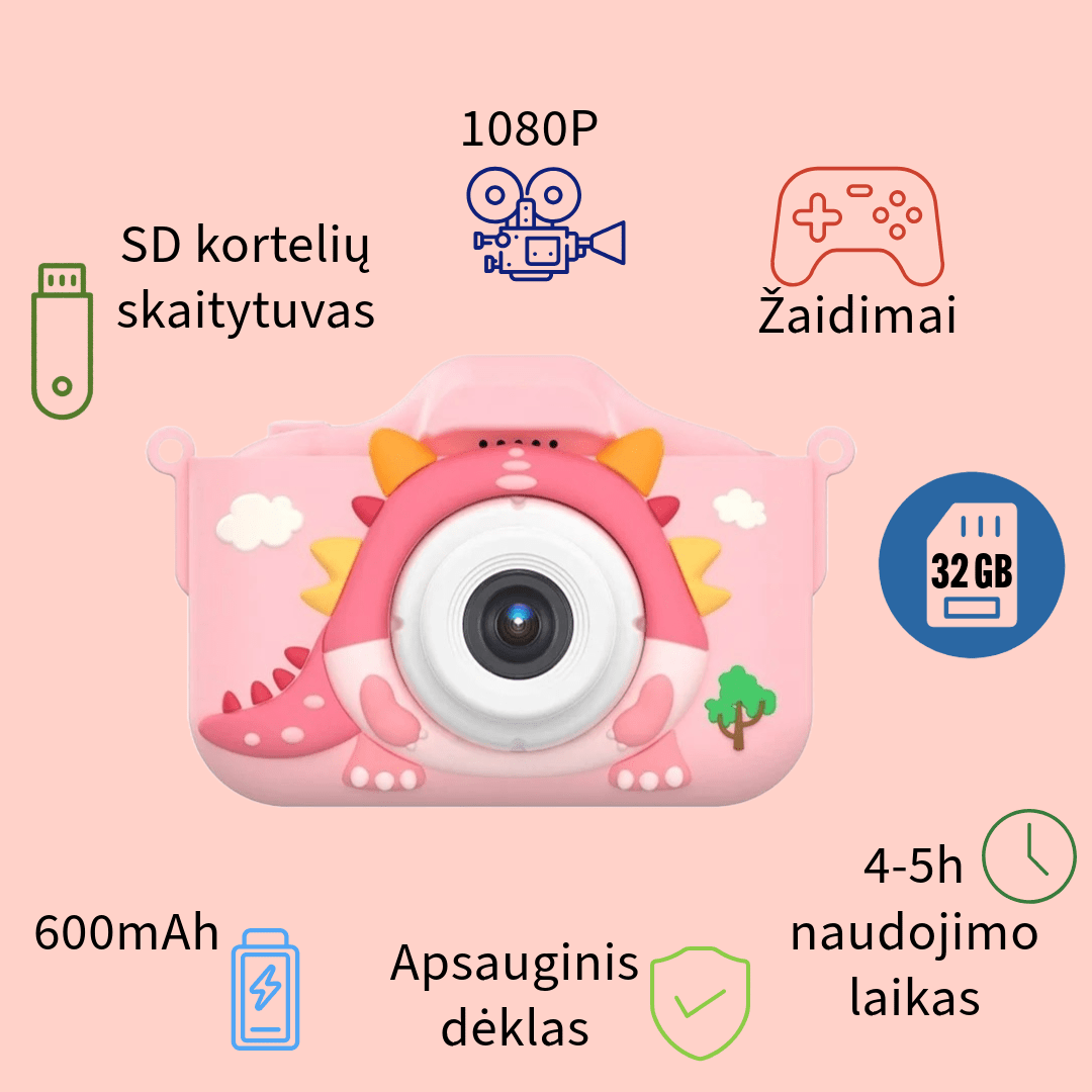 Vaikiškas fotoaparatas - DINOZAURAS +32 GB MicroSD - Rožinės spalvos apsauginis dėklas sd kortelių skaitytuvas žaidimai