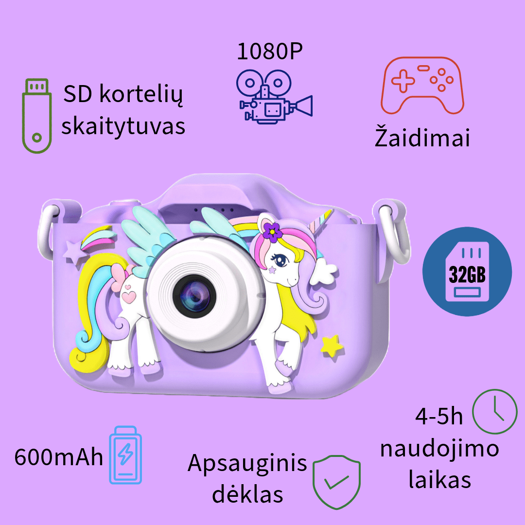 Vaikiškas fotoaparatas Vienaragis rožinės/violetinės spalvos,32 GB atminties kortelė. Nuotraukos ir vaizdo įrašai, žaidimai, apsauginis dėklas, SD kortelių skaitytuvas