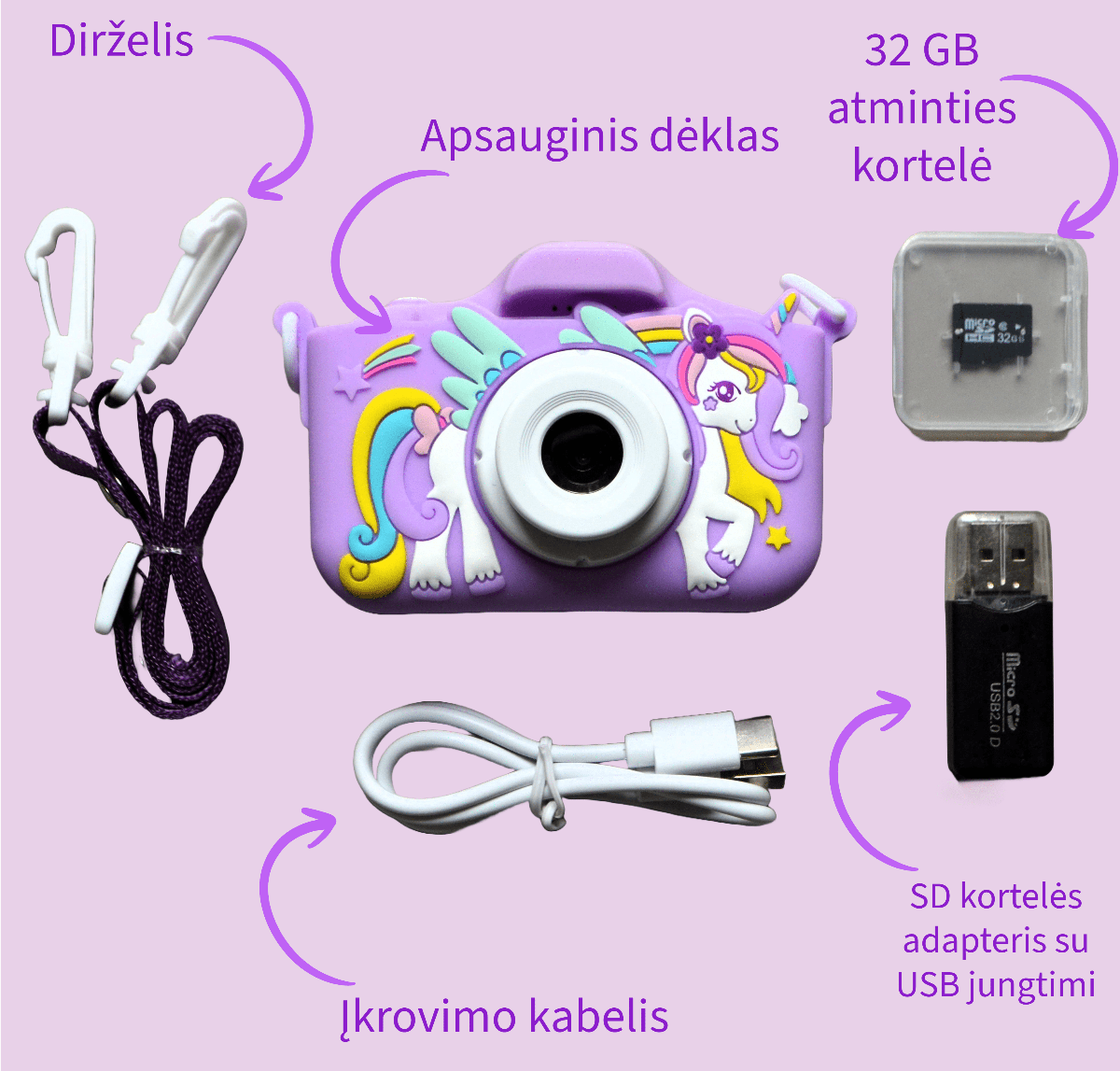 Vaikiškas fotoaparatas Vienaragis violetinės spalvos,32 GB atminties kortelė. Nuotraukos ir vaizdo įrašai, žaidimai, apsauginis dėklas, SD kortelių skaitytuvas