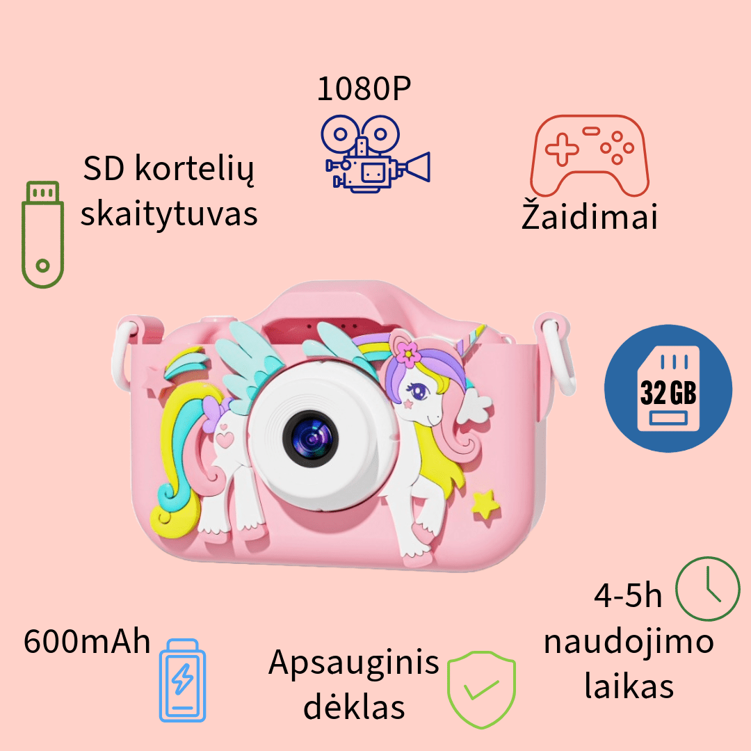 Vaikiškas fotoaparatas Vienaragis rožinės/violetinės spalvos,32 GB atminties kortelė. Nuotraukos ir vaizdo įrašai, žaidimai, apsauginis dėklas, SD kortelių skaitytuvas