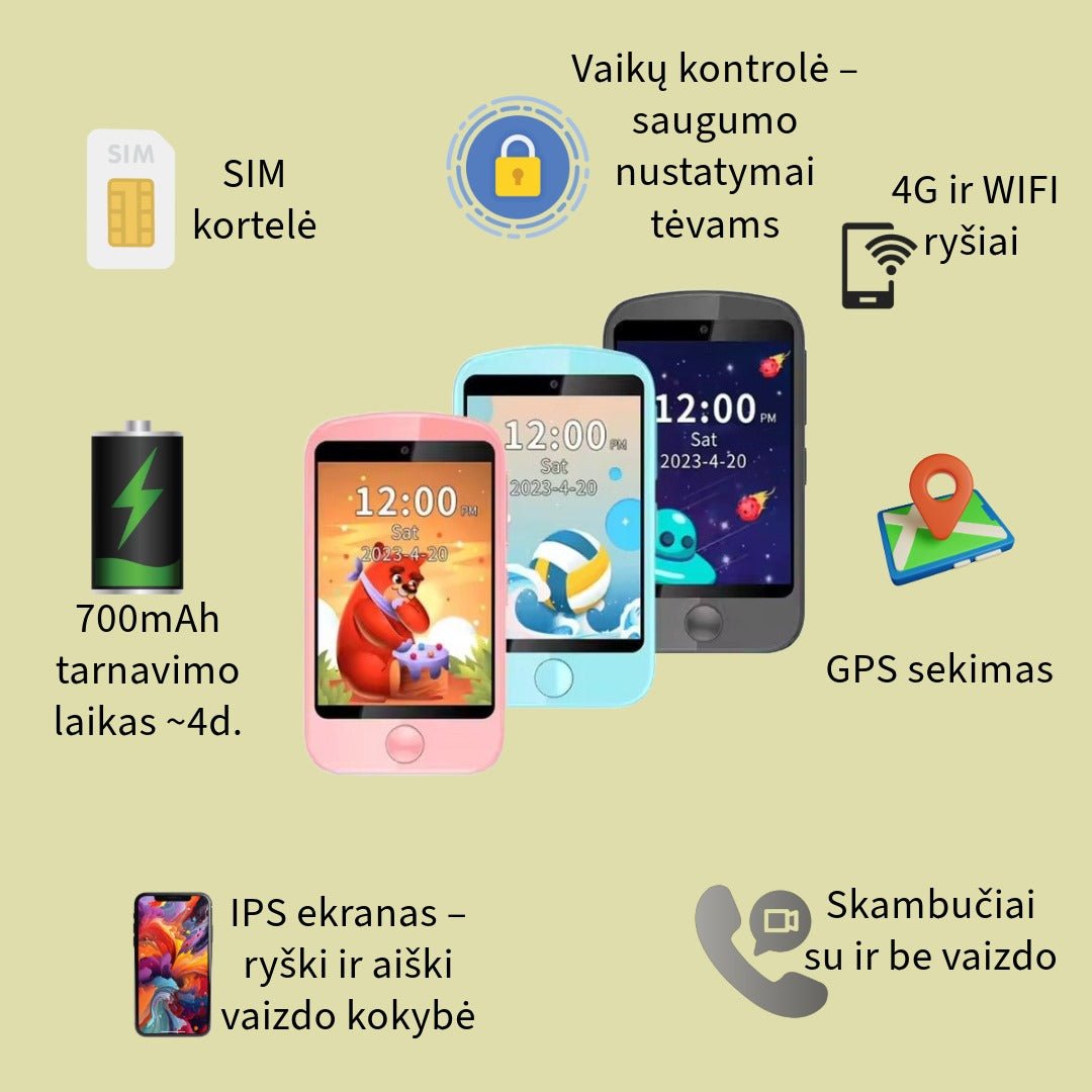 Vaikiškas išmanus telefonas su animaciniu dizainu, SIM kortele, GPS sekimas, žaidimai , balso ir vaizdo skambučiai, dviguba kamera
