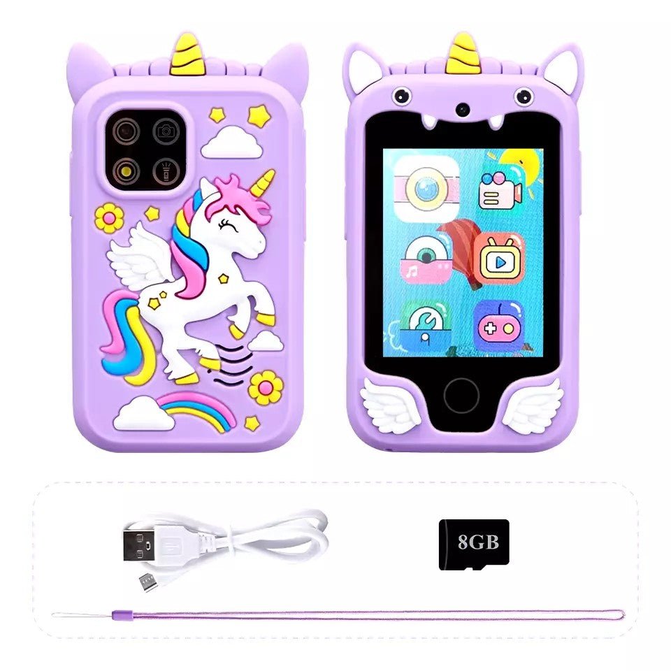 Išmanus skaitmeninis įrenginys fotoaparatas vienaragis rožinės spalvos su dviguba kamera, žaidimais, muzika, mp3 grotuvu, fotografavimas ir filmavimas. 8 GB atminties kortelė