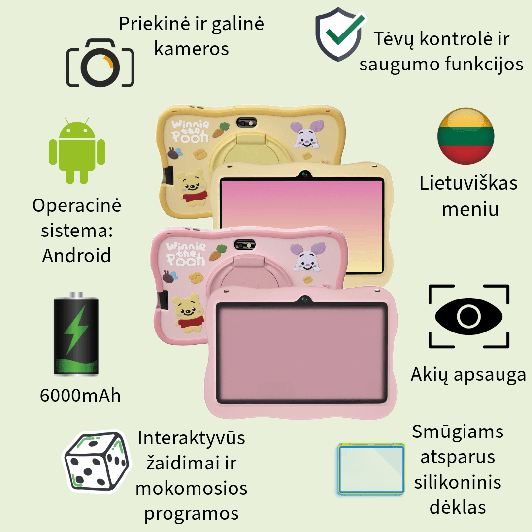 Planšetinis kompiuteris vaikams su personažais mergaitėms ir berniukams, talpi baterija, android operacinė sistema, akių apsauga, lietuviškas meniu, silikoninis dėklas, kameros, žaidimai, rožinė ir smėlinė spalva