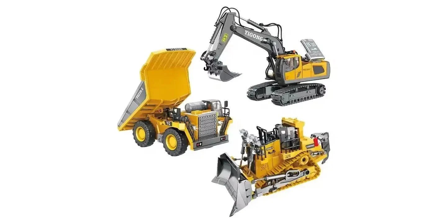 Nuotoliniu pultu valdomi sunkvežimis, buldozeris ir kranas su šviesomis, garsais, realistiškais judesiais ir detaliu dizainu – statybų žaidimams berniukams