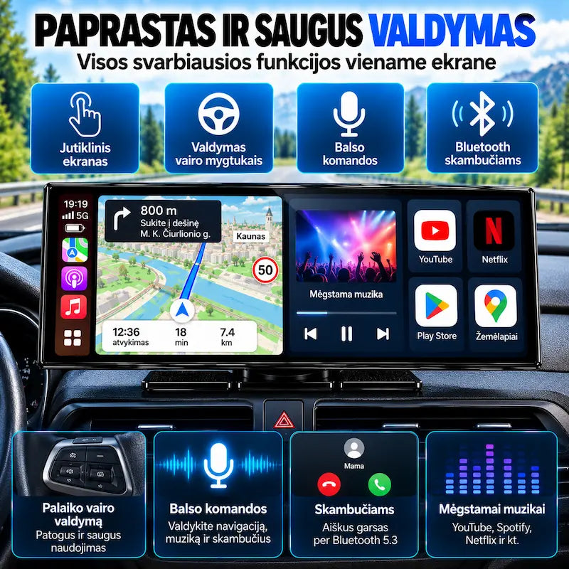 11,5 colių automobilio multimedija su valdymu balsu ir Bluetooth