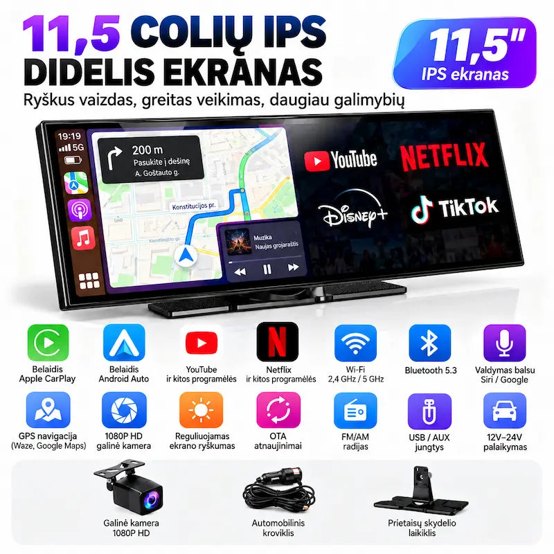 11,5 colių IPS automobilio multimedija su 1920x720 HD ekranu