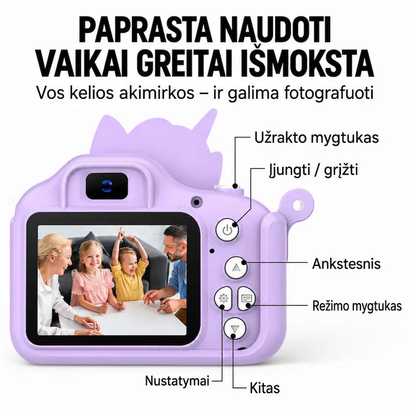 Vaikiškas skaitmeninis fotoaparatas VIENARAGIS+32 GB kortelė