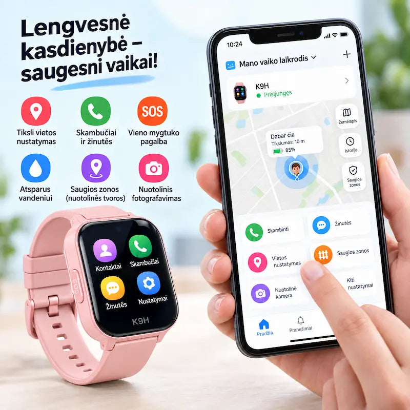 Rožinis K9H GPS laikrodis vaikams su skambučiais, žinutėmis, SOS ir saugių zonų funkcijomis