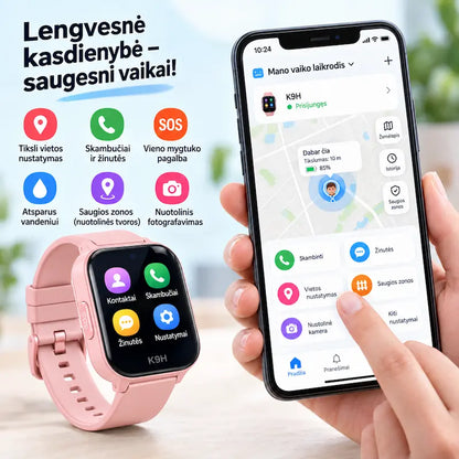 Rožinis K9H GPS laikrodis vaikams su skambučiais, žinutėmis, SOS ir saugių zonų funkcijomis