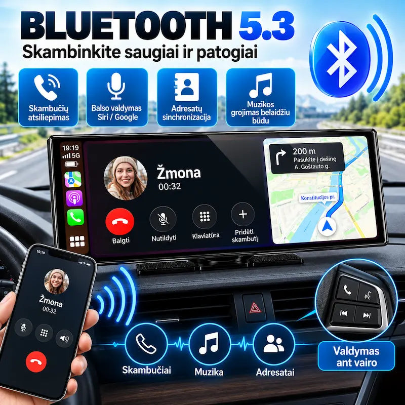 Bluetooth 5.3 automobilio multimedija skambučiams ir muzikai